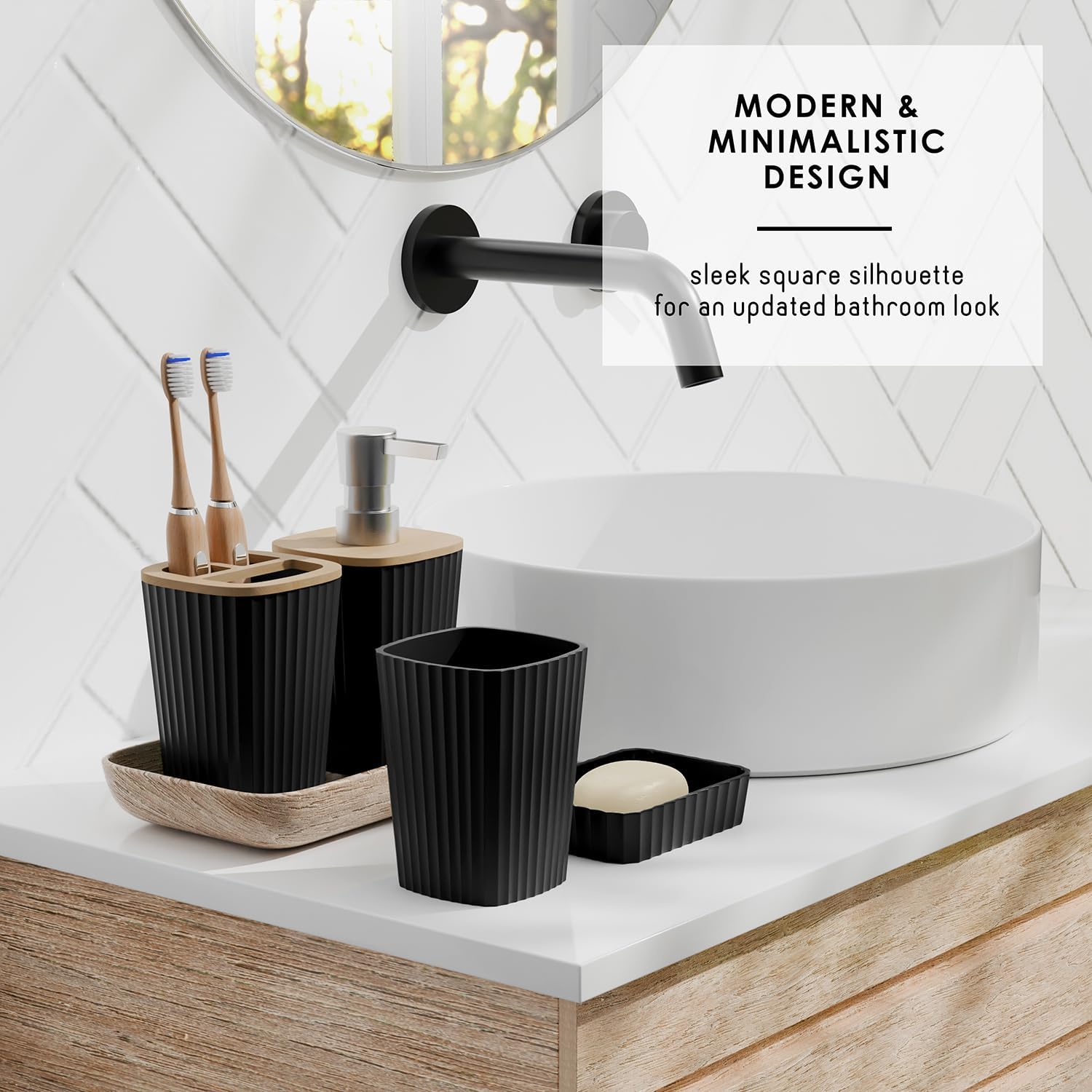 Clara Clark Bathroom Accessories Set - 20-Piece Black Bathroom Set with Shower Curtain, Soap Dispenser & More