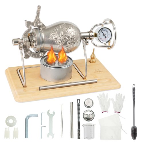 350ml Chinese Popcorn Maker, Chinese Popcorn Cannon Machine, High Pressure Popcorn Popper, Stainless Steel Popcorn Machine for Family Party Fun, Upgraded Bamboo Base and Bracket(with Gift Box&2 Bags)