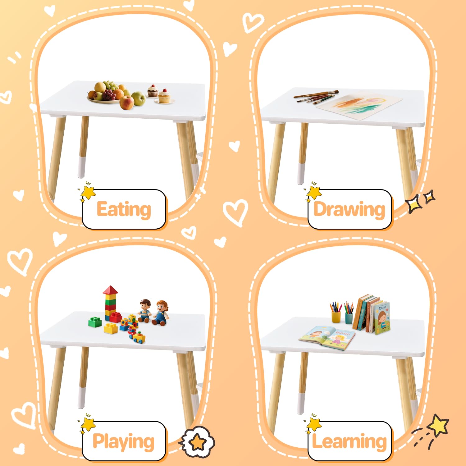 IDEA FAMILY Kids Wood Table and 2 Chair Sets, Toddler Small Multi-Activity Study, Eating, and Playing Table Set for Age 3-7, Child Desk and Chair Set for Daycare, Classroom, Home