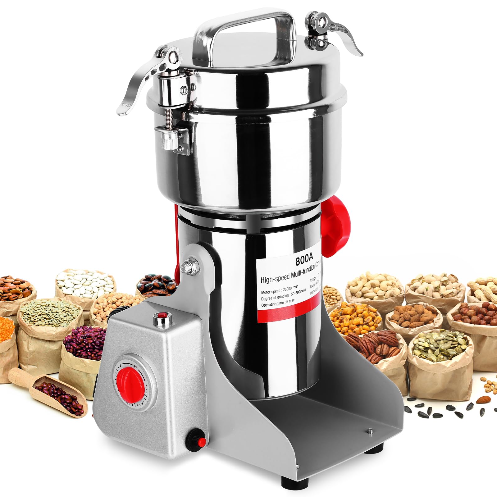 3000W Electric Grain Mill Grinder, 800g Stainless Steel Flour Mill Grinder for Home Use, High Speed Commercial Pulverizer for Dry Grains Spices Coffee Corn Pepper, Swing Type
