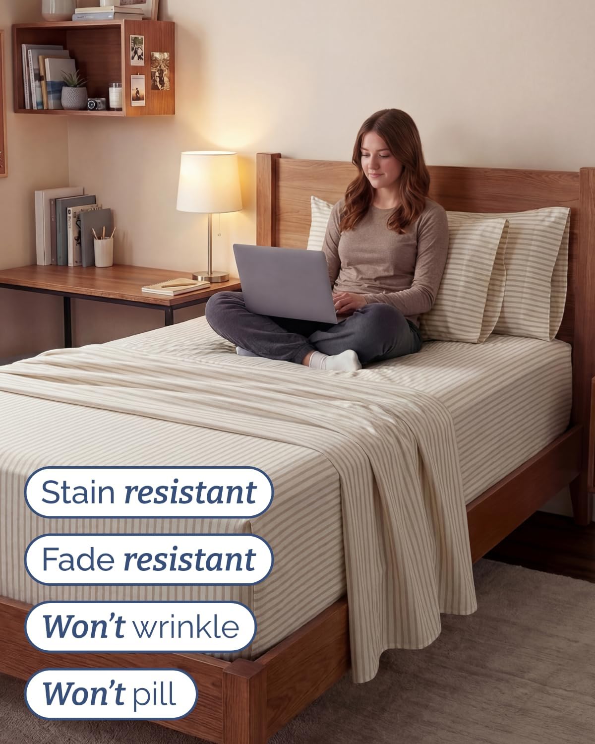 Skiennix Extra Deep Twin XL Sheet Set - 4 Piece Breathable Cooling Bedding - Soft Wrinkle-Free Beige Stripes