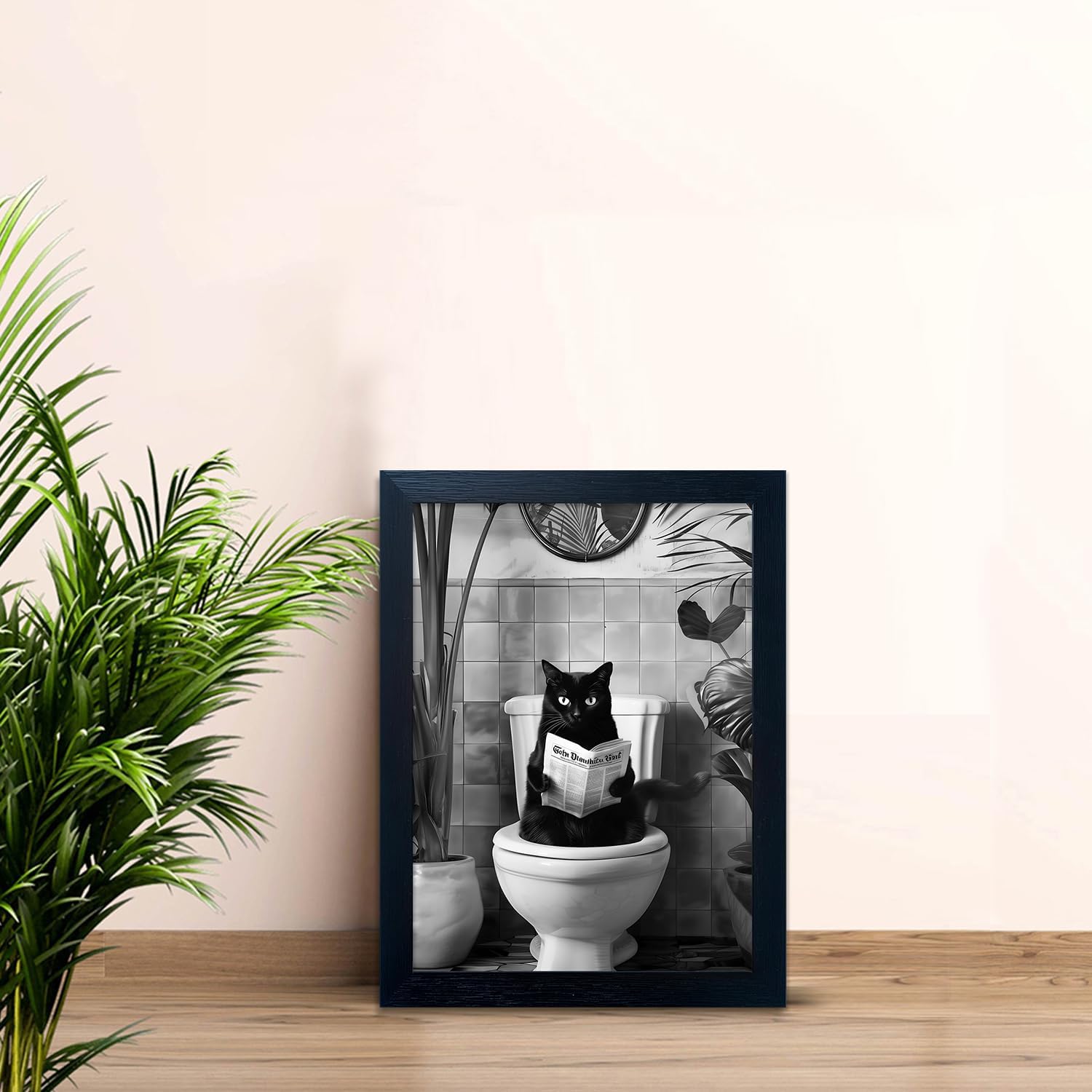 Skiennix Black Cat Bathroom Wall Art - Humorous Framed Canvas Print | Small Size, Black & White Design