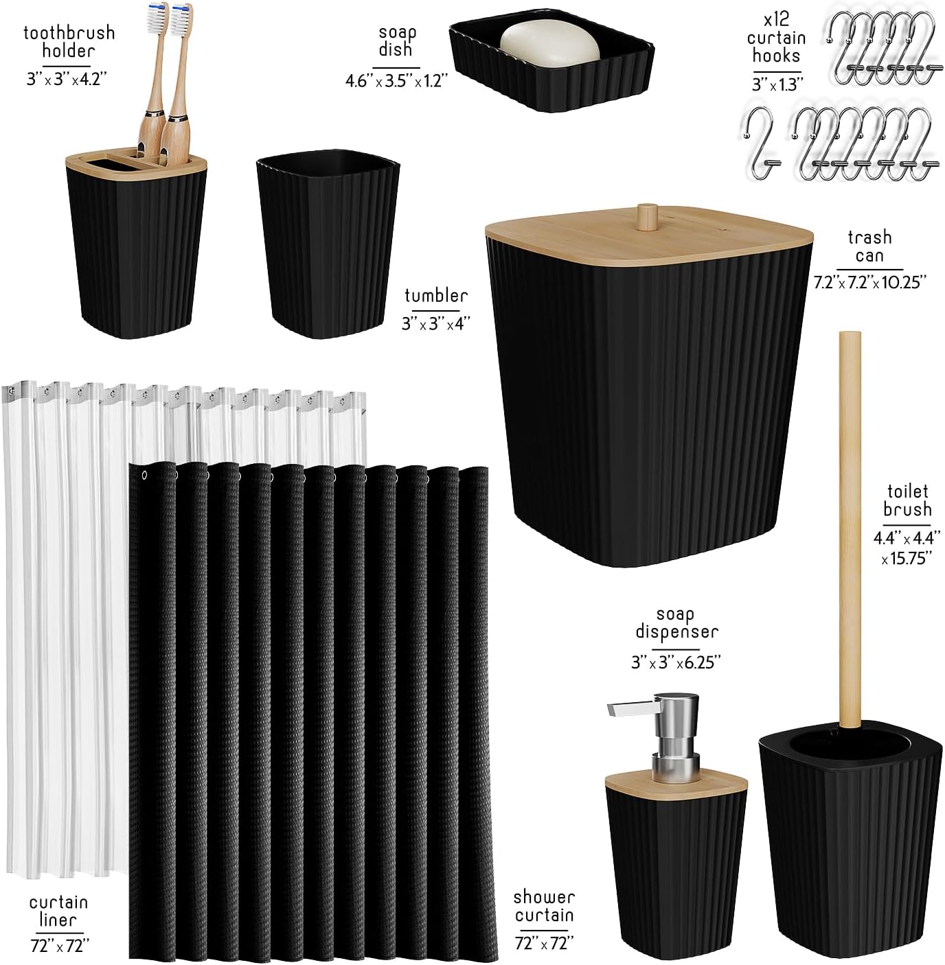 Clara Clark Bathroom Accessories Set - 20-Piece Black Bathroom Set with Shower Curtain, Soap Dispenser & More