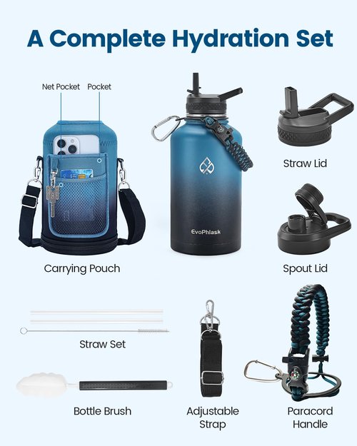 EvoPhlask Insulated Water Bottle 64 oz, Vacuum Stainless Steel Water Bottle Keep Cold 48Hrs, Half Gallon Large Water Jug for Travel, Sport, Gym, Hiking with Carrier Bag, Indigo/Black