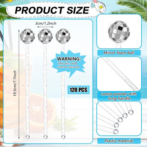 Thyle 120 Pcs Disco Ball Drink Stirrers 7.7'' Glitter Lolipop Stick Plastic Round Top Swizzle Stick Mirror Ball Cocktail Stir Disposable for Last Disco Bachelorette New Year Eve(Glitter Style)
