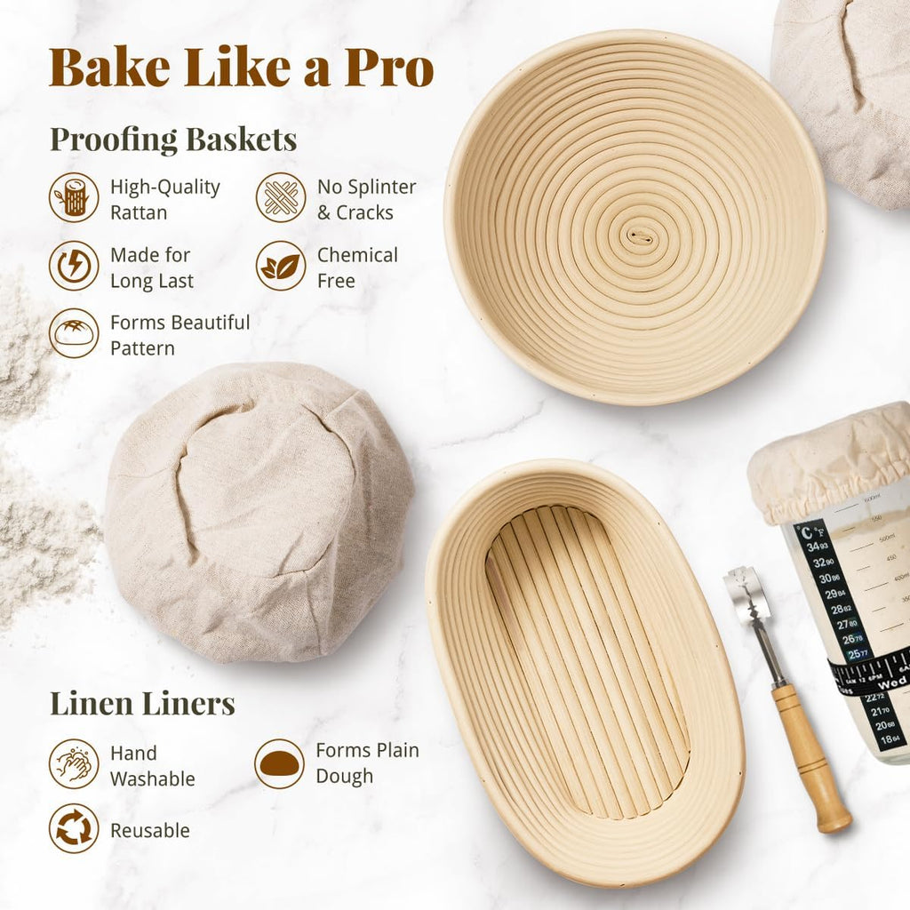 Skiennix Sourdough Starter Kit - Complete Baking Supplies with Banneton Baskets, Dough Scraper & Recipe