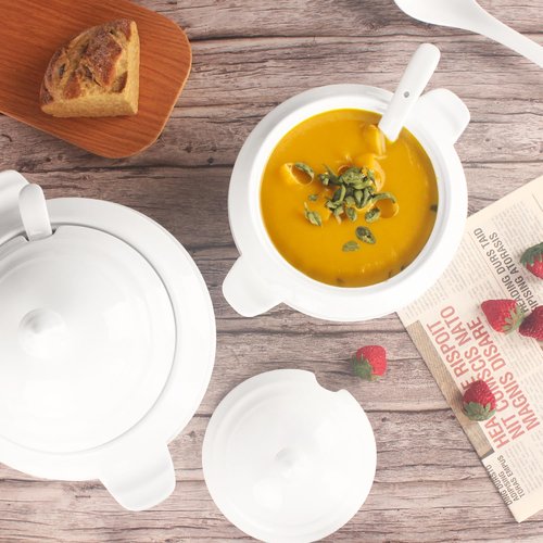jinsongdafa Casserole Dish with Serving Handle, 2.7-quart White French Soup pot, Ceramic Tureen with Lid and Ladle, for Dinner and Party, Microwave, Dishwasher, Oven Safe 11.6 Inch
