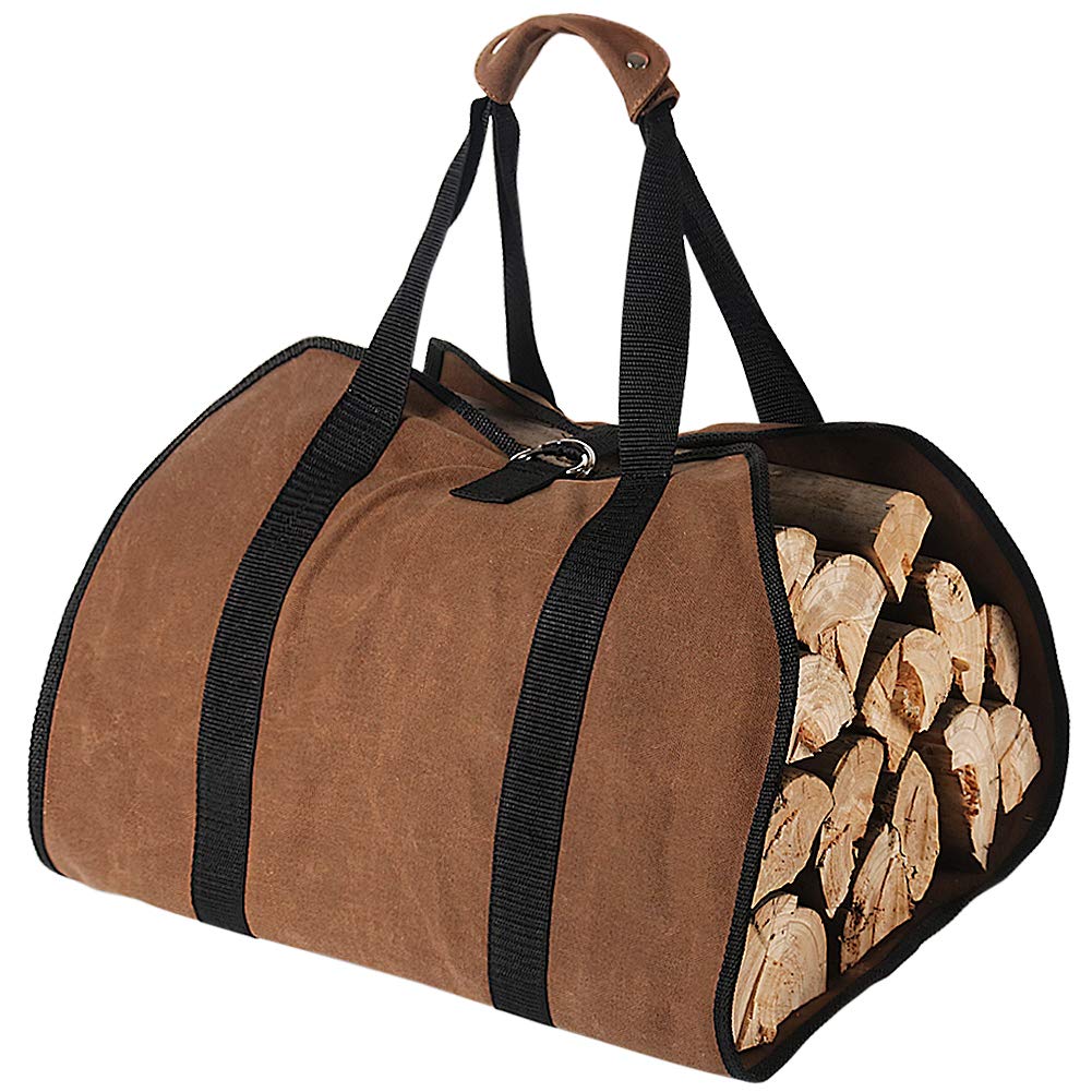 Tenn Well Firewood Carrier, 38in x 18in 16oz Waxed Canvas Log Carrier for Firewood, Wood Carrying Bag with Handles Securing Straps for Indoors Camping Trip, Gifts for Men Dad Husband (Brown)