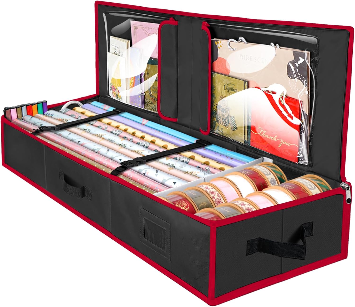 BALEINE Gift Wrap Storage Organizer - 40" Durable 600D Oxford Fabric Bag with Flexible Partitions | Black/Red