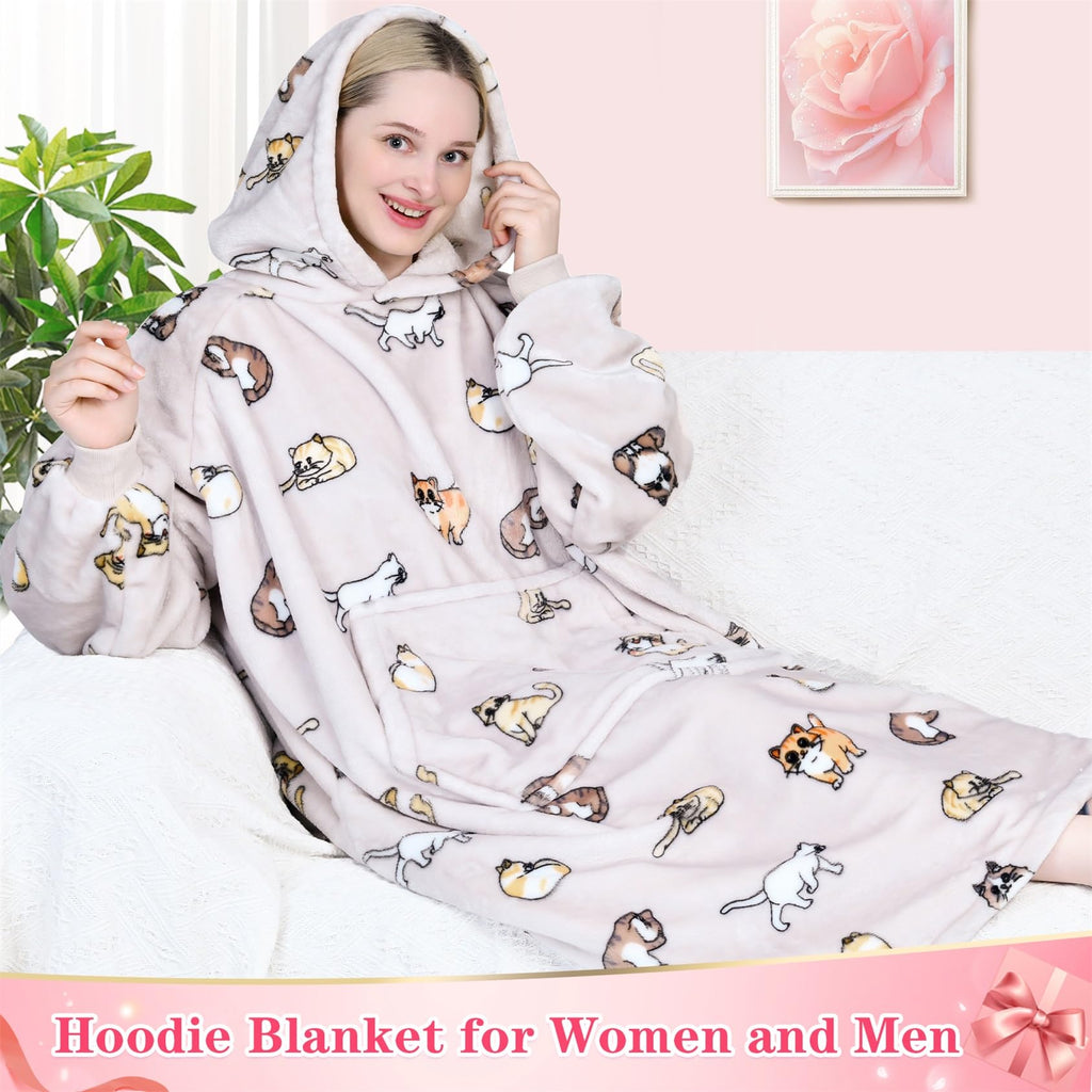 Waitu Wearable Blanket Sweatshirt Gifts for Women and Men, Warm and Cozy Giant Blanket Hoodie, Thick Flannel Blanket with Sleeves and Giant Pocket - Cat Gray
