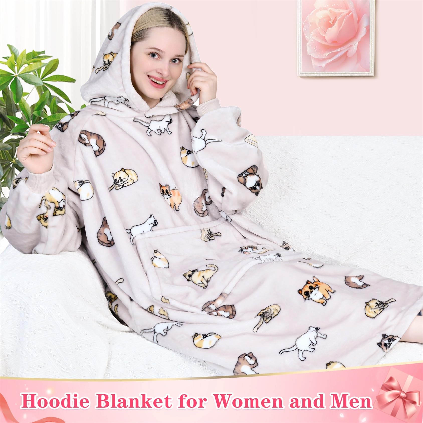 Waitu Wearable Blanket Sweatshirt Gifts for Women and Men, Warm and Cozy Giant Blanket Hoodie, Thick Flannel Blanket with Sleeves and Giant Pocket - Cat Gray