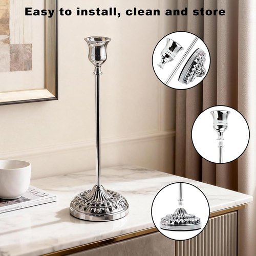 BEAHOT Silver Candle Holders - Set of 6 Elegant Non-Slip Holders with Matching Snuffer for Home Decor
