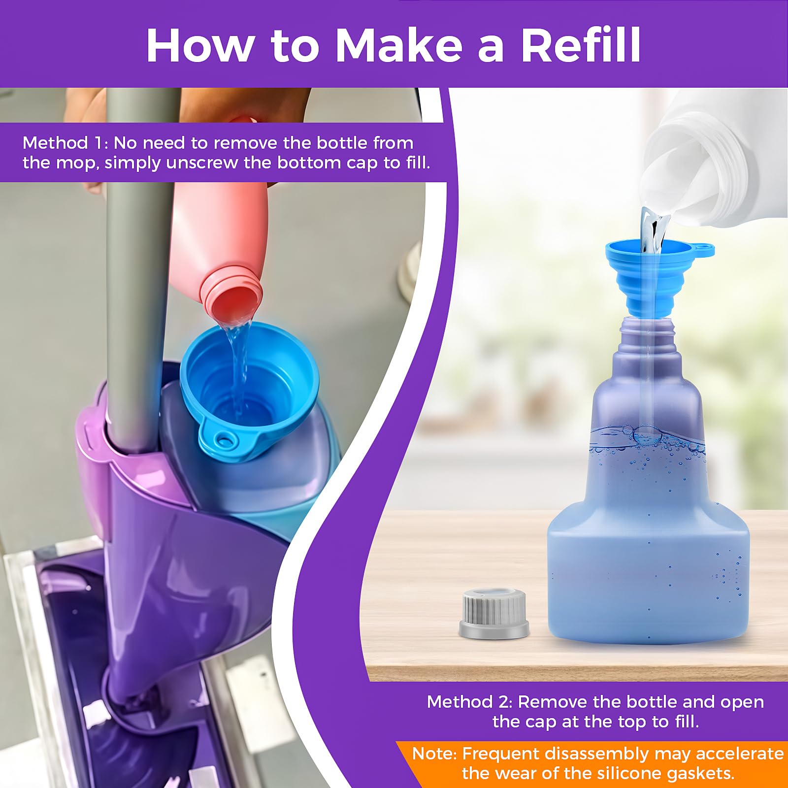 KTNAid Refillable Replacement Bottle for Swiffer® Wet Jet™ Mop, 500ml /17 oz, Empty, Leak-Proof HDPE Cleaner Solution Refill Bottle with 8 Silicone Gaskets & 1 Foldable Funnel