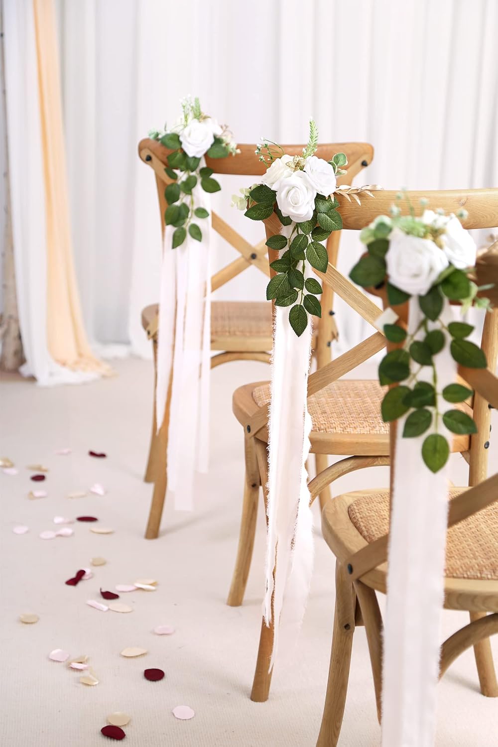 Skiennix Wedding Aisle Decorations - Set of 10 Artificial Pew Flowers with Eucalyptus & Ribbons | Elegant White Decor