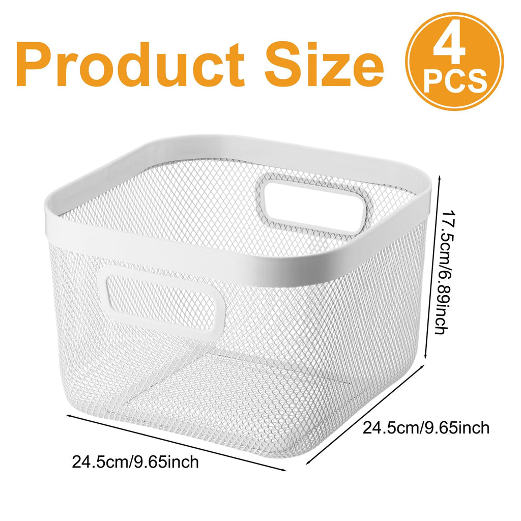 MorningRo 4 Pack Metal Mesh Basket with Hollow Handles White Wire Storage Bin for Organizing Stackable Metal Fine Mesh Basket for Pantry Bathroom Kitchen Cabinets Shelves (Medium)