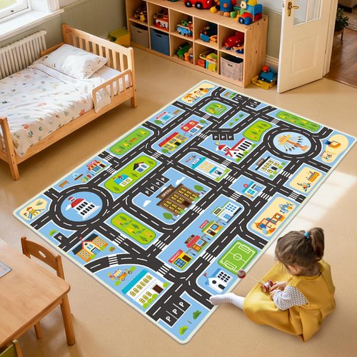Xuzrdaa Kids Carpet 2.6'x4' Kids Play Rug for Playing, Road Rug for Kids City Life Educational Road Car Carpet for Classroom, Blue Car Carpet for Playoom(Blue, 2.6'x4')
