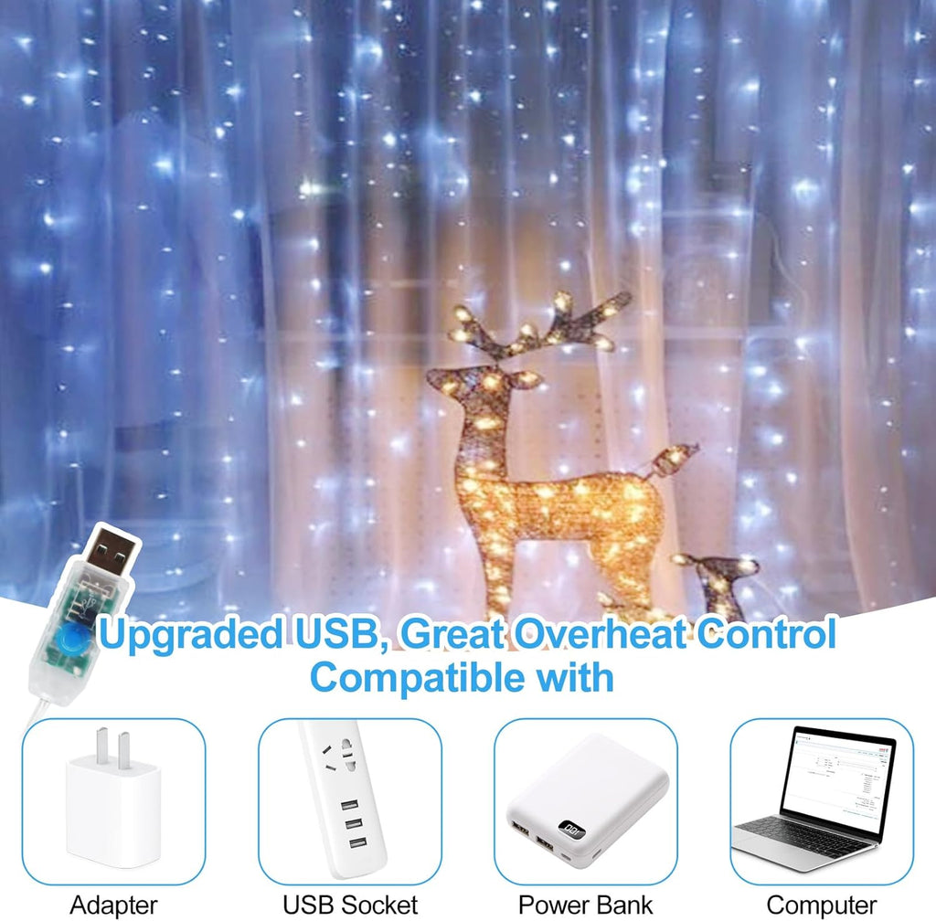 Skiennix 300 LED Fairy Curtain Lights - 9.8 x 9.8FT Cold White USB String Lights with Remote | 8 Modes for Christmas, Weddings, Indoor & Outdoor Decor