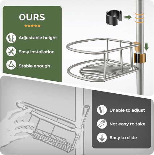 HAMITOR Corner Shower Caddy - 4-Tier Rust-Resistant Adjustable Organizer | 47-121 Inch No-Drill Installation - Space-Saving Silver Gray
