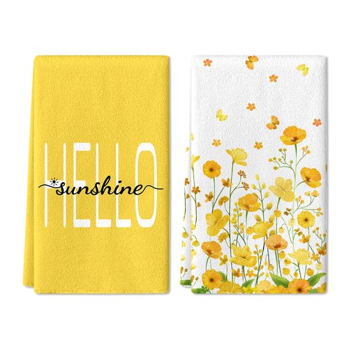 LIOQUN Yellow Flower Summer Hand Towel Set of 2, Hello Sunshine Hand Towels, 18x26 Inch, Daisy Flower Towel for Bathroom Home Kitchen, Soft Towel Spring Summer Holiday Decoration