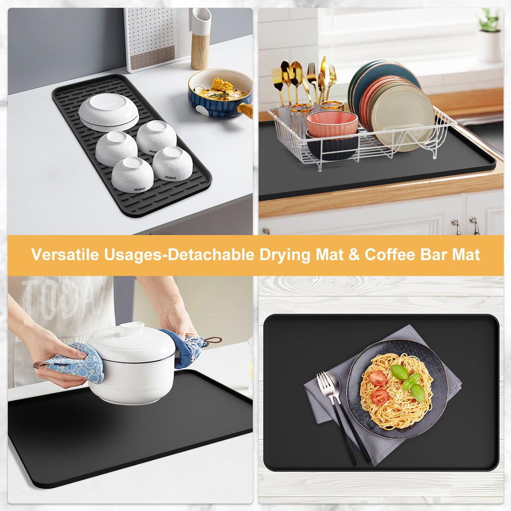 Silicone Coffee Mat,16''x16'' Coffee Bar Mat with Detachable Dish Drying Mat for Kitchen Countertops,Coffee Bar Accessories Fit Under Coffee Maker Coffee Machine Coffee Pot Espresso Machine Dish Rack