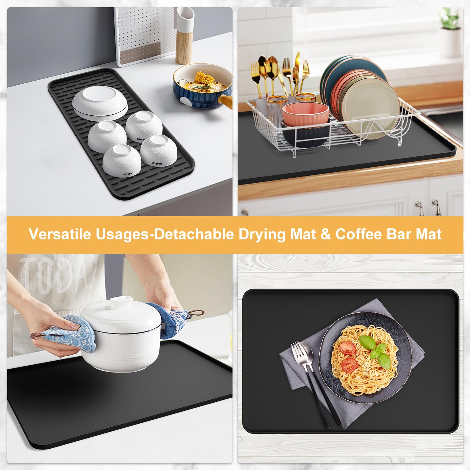 Silicone Coffee Mat,16''x16'' Coffee Bar Mat with Detachable Dish Drying Mat for Kitchen Countertops,Coffee Bar Accessories Fit Under Coffee Maker Coffee Machine Coffee Pot Espresso Machine Dish Rack