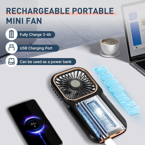 FADACHY Portable Fan,handheld Fan,Mini Fan,Rechargeable Personal Fan, 3000mAh Battery Operated Cooling 3 in 1 Electric Fan for Travel Camping