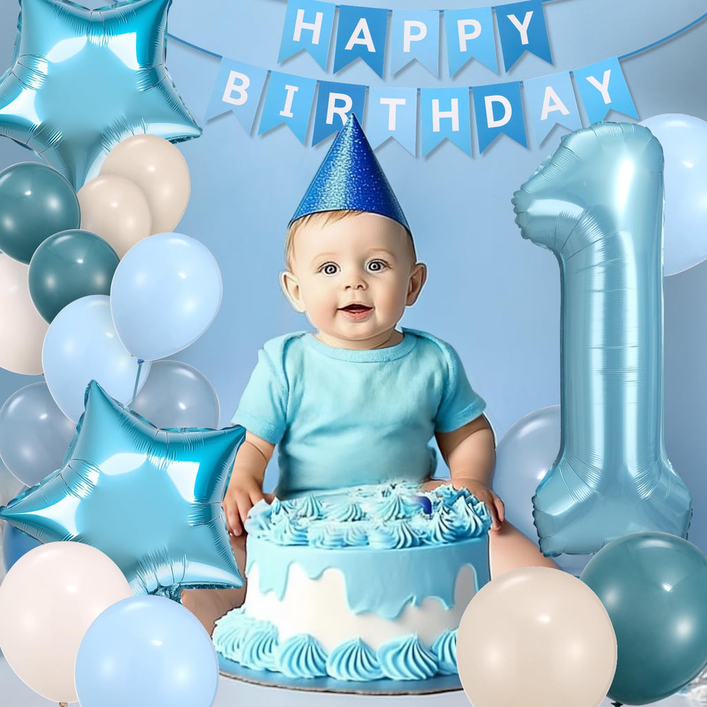 HEDUPT 1st Birthday Decorations Boy, First Birthday Decorations for Boy with Happy Birthday Banner, 40inch 1 Balloon Number, Dusty Blue Balloons, Baby One Year Old Birthday Party Decor