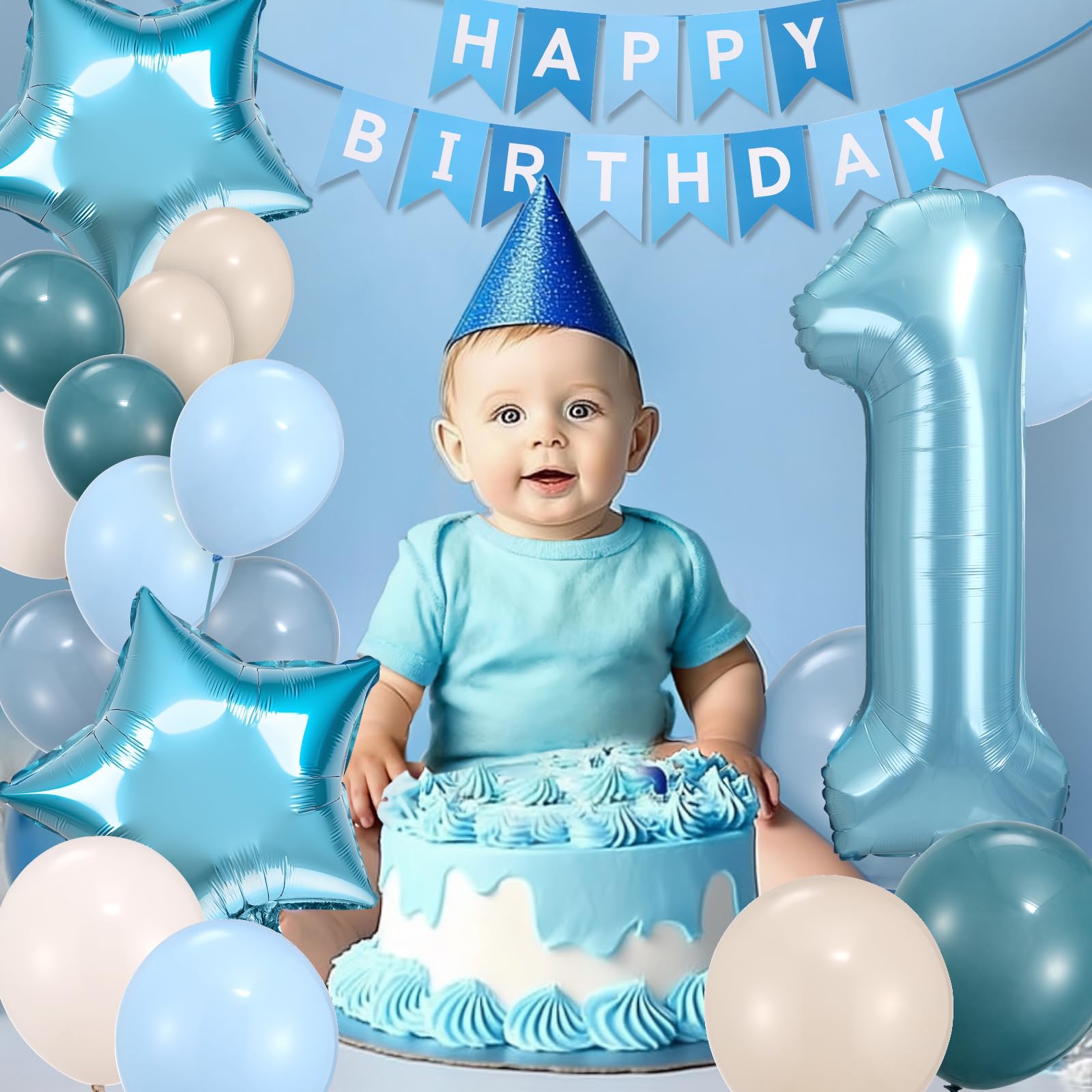HEDUPT 1st Birthday Decorations Boy, First Birthday Decorations for Boy with Happy Birthday Banner, 40inch 1 Balloon Number, Dusty Blue Balloons, Baby One Year Old Birthday Party Decor