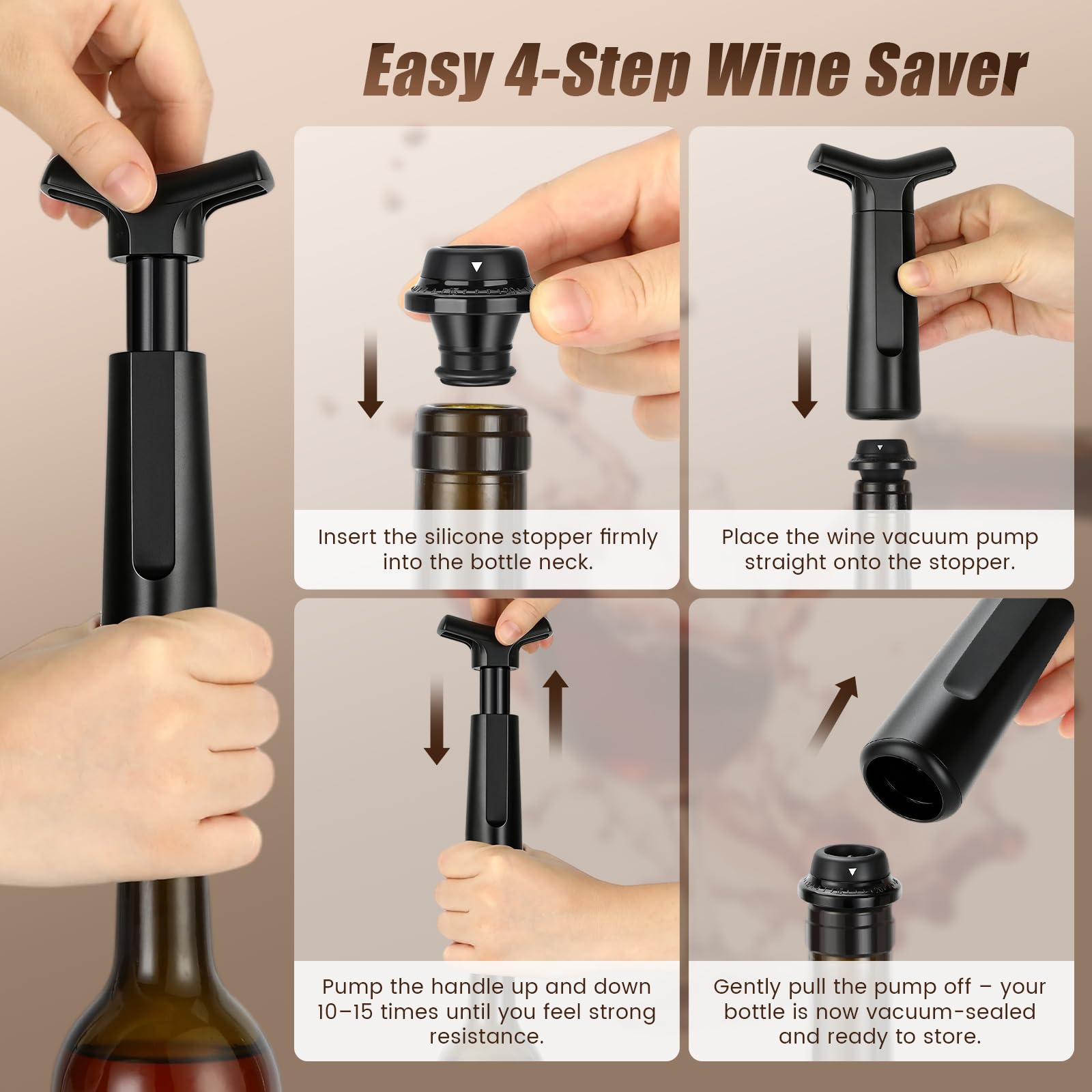 ONANNOS Wine Stopper, Wine Saver Vacuum Pump with 4 Reusable Stoppers, Wine Bottle Preserver & Sealer Keeps Fresh Longer, Ergonomic Handle, ideal Gift