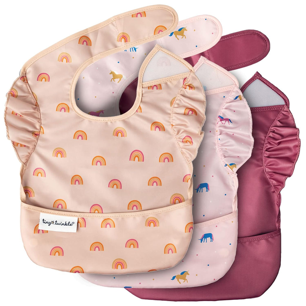 Tiny Twinkle Baby Bibs - Mess-Proof Waterproof Toddler Bibs with Catch-All Pocket | 3-Pack Unicorn Design