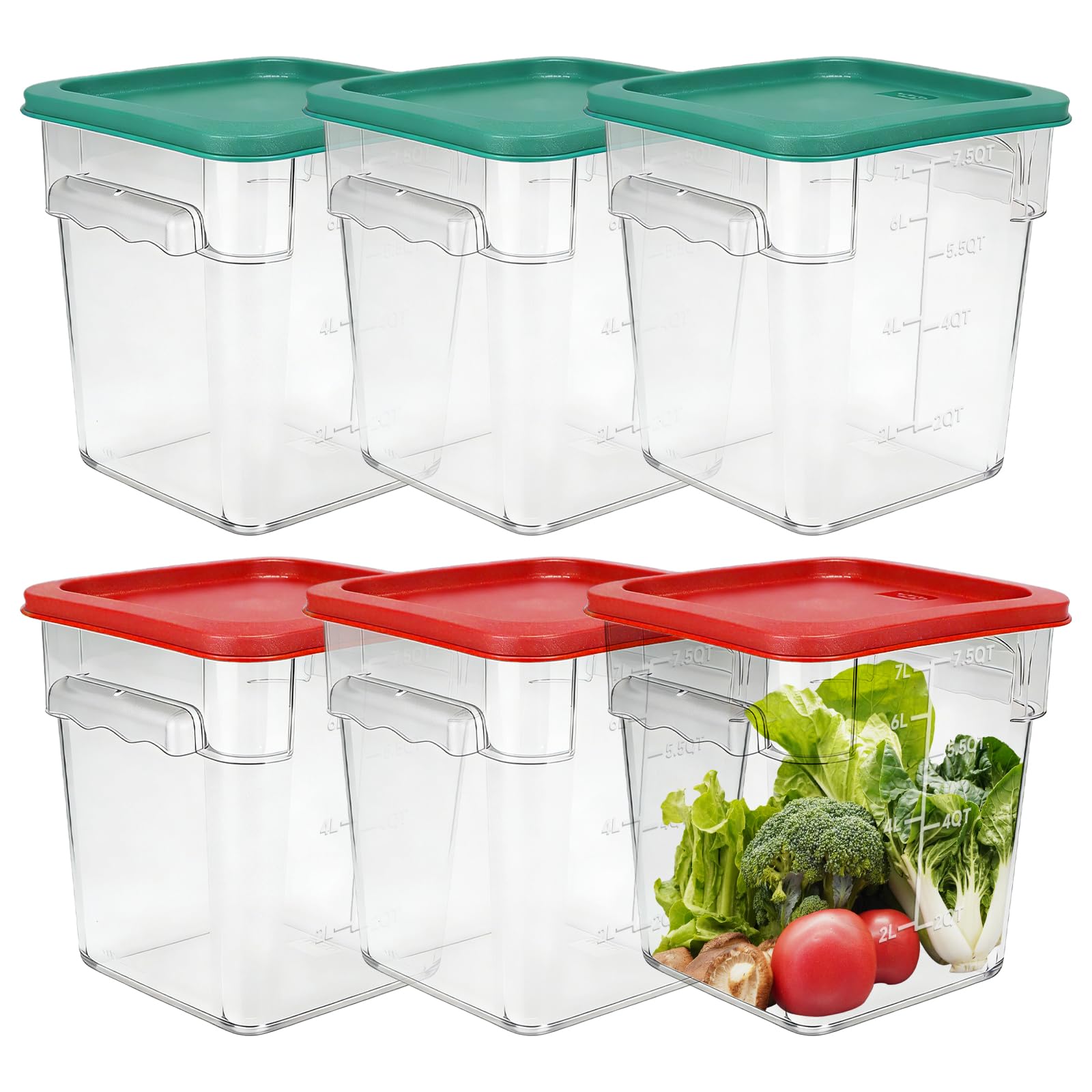 6-Pack 8 Quart Food Storage Container with Lid, Commercial Grade Square Polycarbonate 8 Qt Container with Lid, Handles & Measurement Scales, Airtight Stackable for Kitchen, Restaurant & Home Use