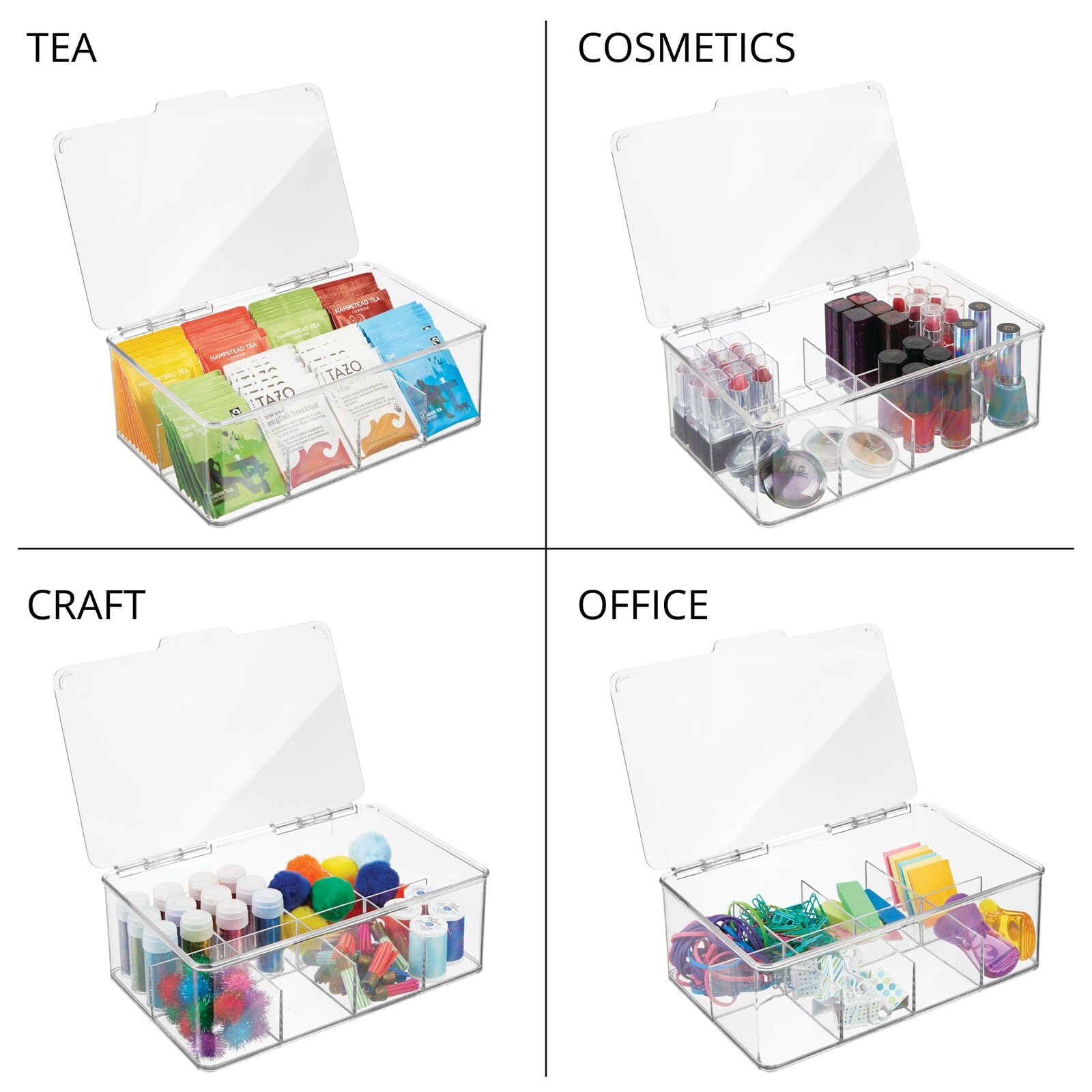 mDesign Tea Bag Single Serve Pouch Divided Box Holder Organizer, Clear