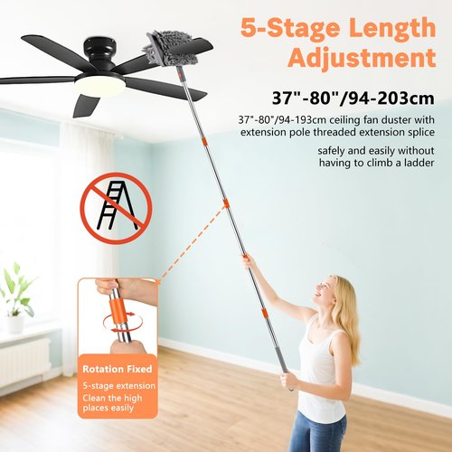 Ceiling Fan Cleaner Duster with 80" Adjustable Pole, with Reusable Microfiber Pad, for Cleaning Fan Blades, Baseboard, Window Glass, Bathroom, Floor