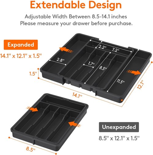 Lifewit Drawer Organizer Set – Expandable Cutlery Storage for Silverware & Kitchen Utensils | BPA-Free, Black