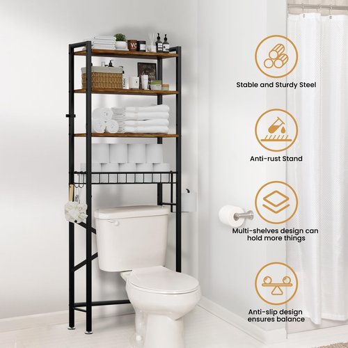 Over The Toilet Storage Cabinet, 4-Tier Bathroom Organizers and Storage with Adjustable Shelves, Freestanding Over-The-Toilet Shelf for Restroom, Laundry, Rustic Brown