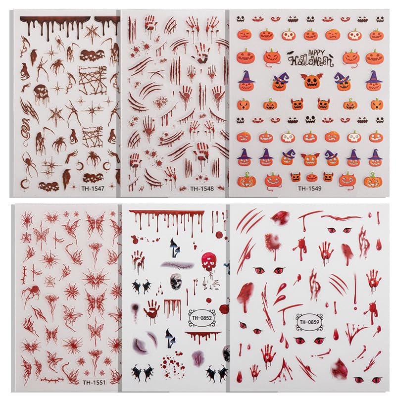 6-Sheet Halloween Nail Art Stickers - Bloody Handprints & Pumpkins