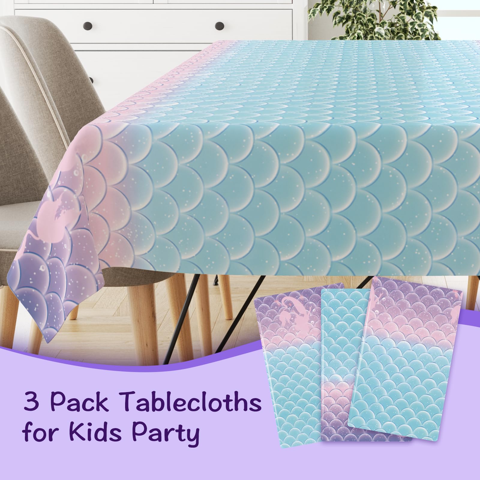 Lknnxs 3 Pack Mermaid Birthday Tablecloth, 54" x 108" Plastic Under The Sea Theme Disposable Table Covers for Girls, Party Decorations for Pool, Ocean Inspired Theme Party Supplies