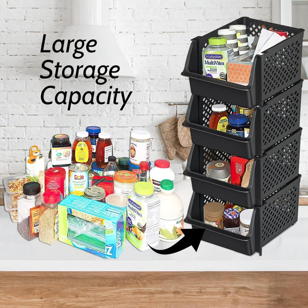TidyFriend Stackable Storage Bins - Open Front Pantry Organizers for Kitchen & Home | 4-Pack Black