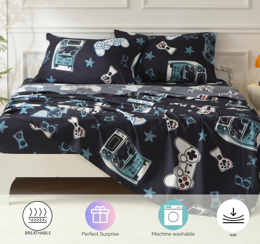 SDY 7PCS Full Gaming Console Comforter & Sheet Set，Soft Cute Gamer Microfiber Bedding for Kids, Boys & Toddlers Room Decor, Includes 1 Comforter, 1 Flat&Fitted Sheet, 2 Pillowcases & 2 Pillow Shams