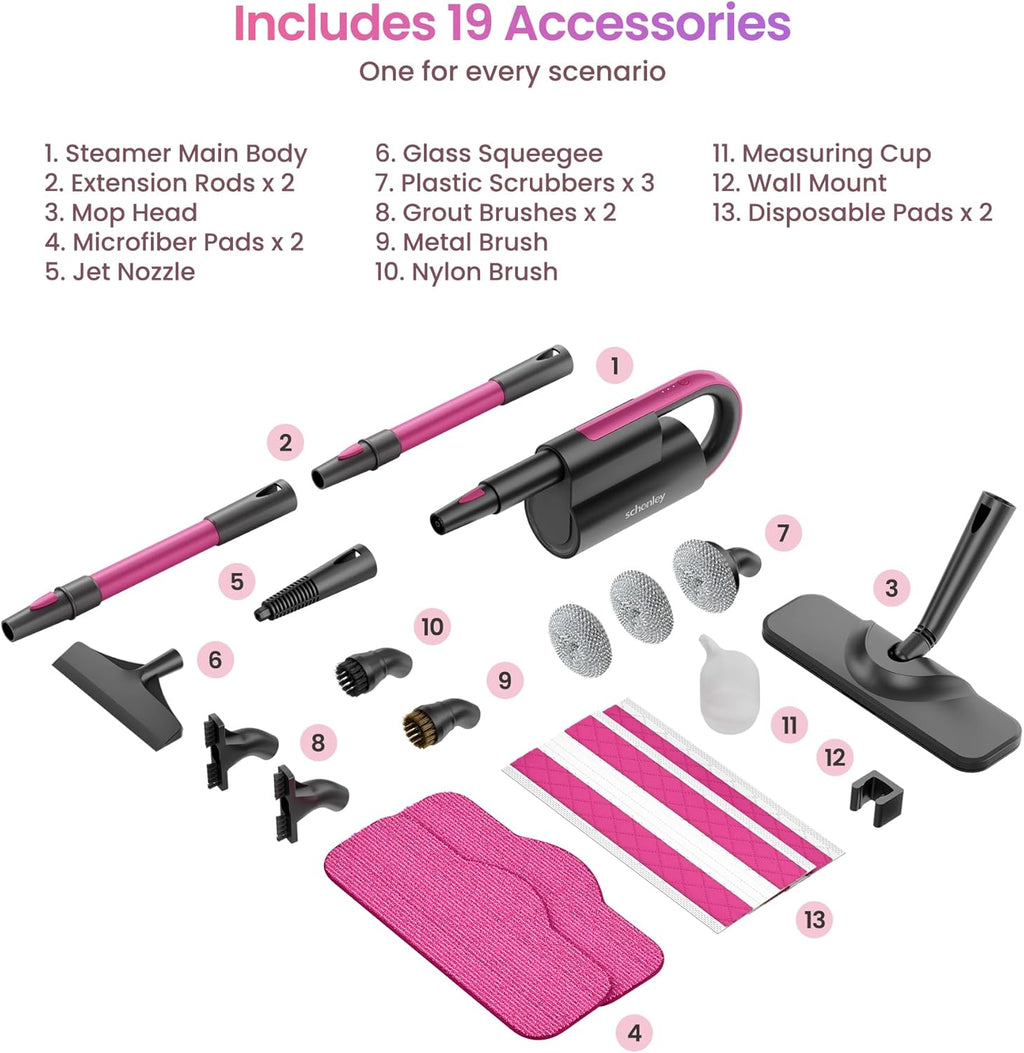 Schenley 19-in-1 Steam Mop - Dual-Rod Design with Detachable Handheld Steamer & Multi-Purpose Accessories