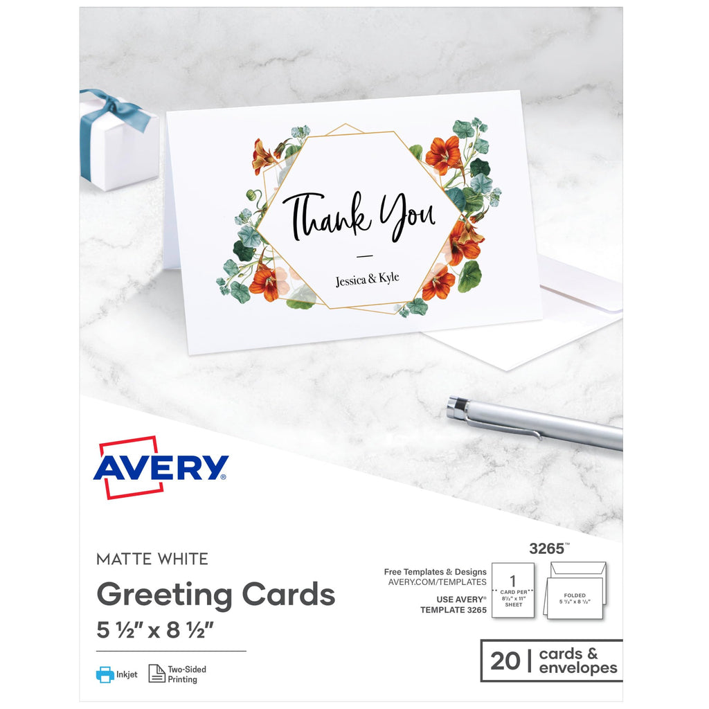 Avery Printable Half-Fold Greeting Cards, Envelopes Included, 5.5" x 8.5", Matte White, Inkjet Printer Compatible, 20 Blank Cards Total, Great for Product Branding, Marketing, and More (3265)