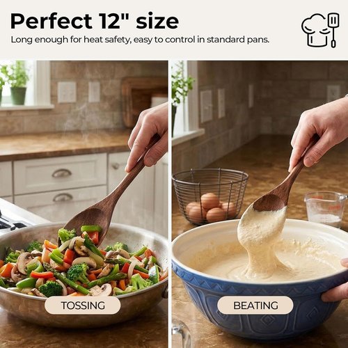 HAKSEN Wooden Cooking Spoons - 12-Inch Natural Acacia Utensils with Comfort Grip | Perfect Kitchen Gifts