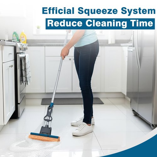 Sponge Mop for Floor Cleaning, 50" Heavy Duty Roller Mop with 4 Cellulose Refill Heads, Easy Self-Squeeze for Hardwood Tile Concrete, Wall Ceiling