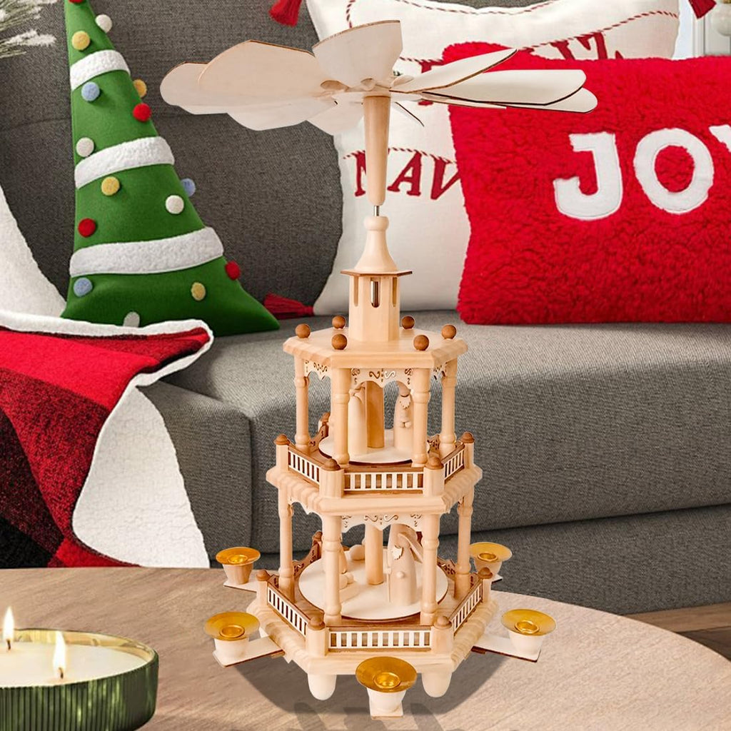 Rotating Christmas Pyramids | 17-Inch Wooden Nativity Scene with 6 Candle Holders & 3 Tiers