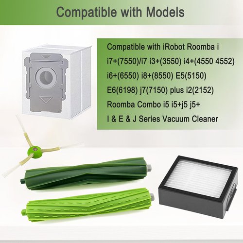 Replacement Parts for iRobot Roomba i3 i3+ i7 i7+ i4 i4+ i5 i5+ j5 j5+J7 i2 i6 i6+i8 i8+/Plus E5 E6 E7 I & E & J Series Vacuum Cleaner,2 Set Rubber Brushes,8 Filters,8 Side Brushes,6 Bags