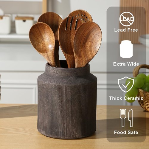 ATLZBLTCI Farmhouse Ceramic Farmhouse Kitchen Utensil Holder for Countertop, Rustic Cooking Utensil Holder Crock Fit for Kitchen Counter. 6.1 x 6.1 x 7 IN