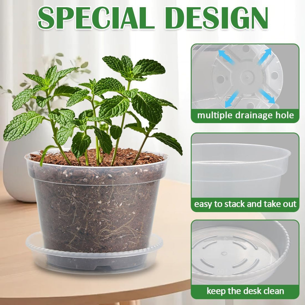 Skiennix 8-Inch Clear Nursery Pots - Sturdy Plastic Plant Pots with Drainage Holes | 7-Pack for Succulents & Herbs