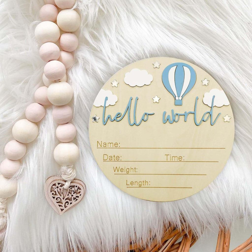 Skiennix Baby Announcement Sign - 5.9 Inch Wooden Hello World Newborn Sign with Pen | Hot Air Balloon & Cloud Design (Blue)