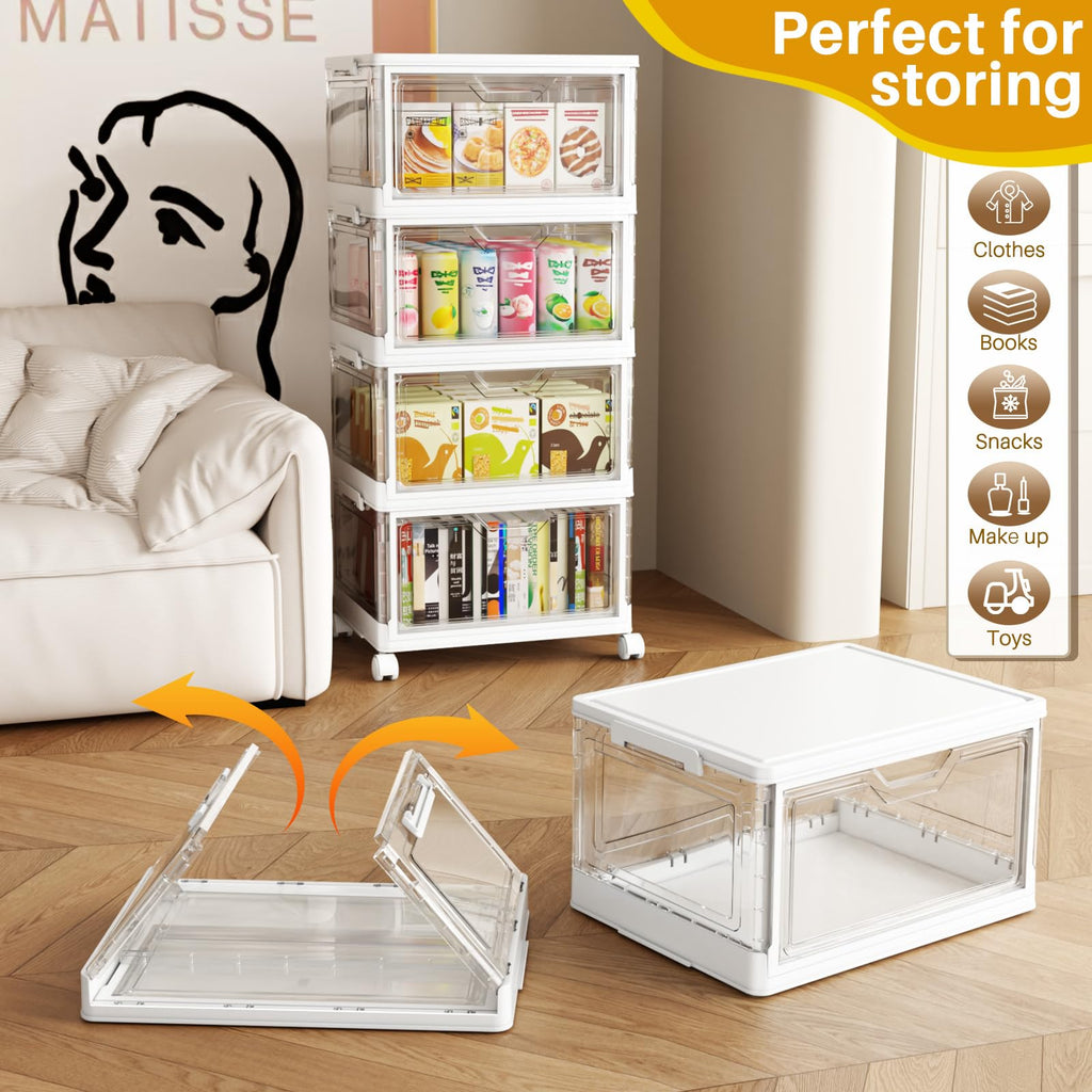 SNSLXH Portable Clear Storage Bins with Lid & Wheels, 24QT Clear Storage Bins with Lid, 4-Tier Plastic Bins with Wheels, Stackable, Magnetic Doors, for Bedroom, Living Room, Office