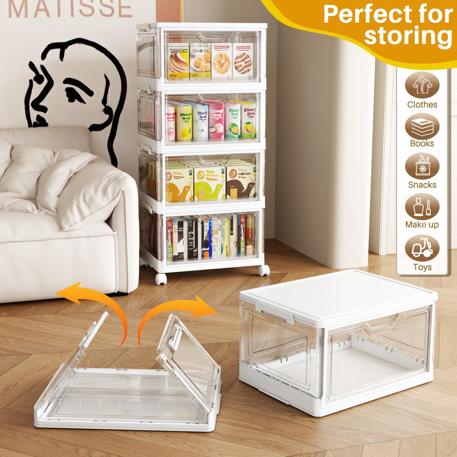 SNSLXH Portable Clear Storage Bins with Lid & Wheels, 24QT Clear Storage Bins with Lid, 4-Tier Plastic Bins with Wheels, Stackable, Magnetic Doors, for Bedroom, Living Room, Office